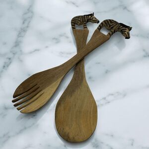 Wooden Salad Servers Serving Spoon & Fork With Zebra Handle 11-12”